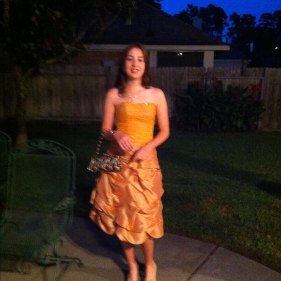 NWOT strapless Orange formal dress with rushing - Picture 2 of 10